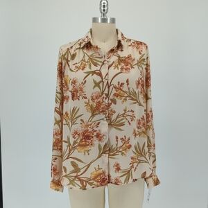 H&M Floral Button Down Shirt Cream Pink 6 chiffon bohemian preppy Business casua